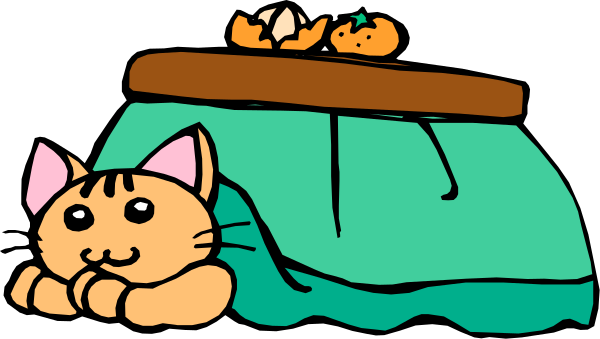 The cartoon shows a cat lying on top of an unmade bed with sheets that have been pulled down to reveal pillows underneath; there is also another smaller image within this one showing two cats sitting atop what appears to be a table, and above them floats a small orange pumpkin in the air.