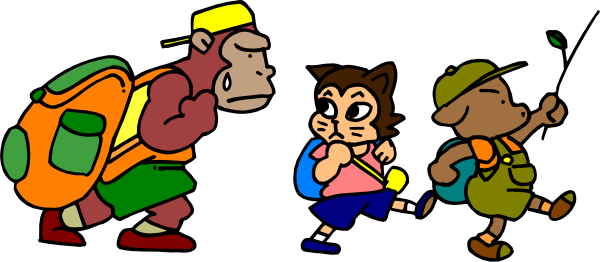 The image shows a group of cartoon characters on an adventure: there's a boy with backpack looking at something off-frame; two other boys in front him who appear to be running towards it; one character is holding what looks like a map, and another has a camera around their neck. They are all dressed casually for outdoor activities. The setting seems to depict an open area or park where they might have found some sort of treasure or interesting object that caught the boys' attention.