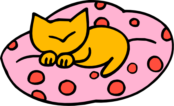 The image shows a cartoon of an orange cat lying on its side inside what appears to be a pink egg with polka dots around it.