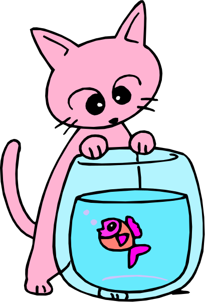 The cat sits on a fish tank with an orange goldfish inside it.