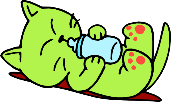The image shows a cartoon of an animated kitten holding a baby bottle with its paws while lying down on what appears to be a bed in a room that has dark walls; there is no text present within this small clip-art image.