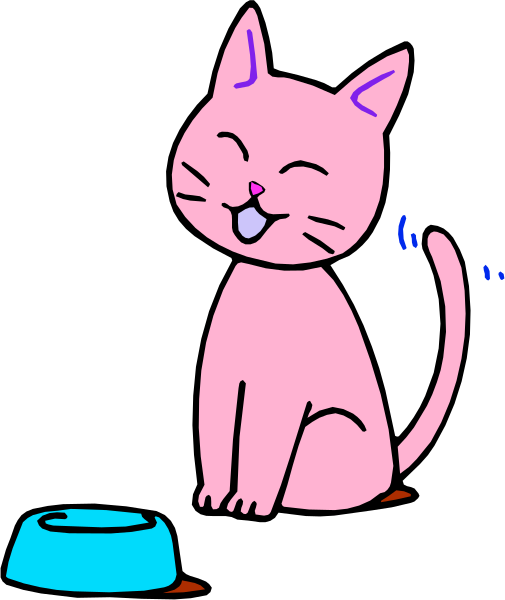 The image shows a pink cartoon cat sitting on its hind legs next to an empty food bowl with a surprised expression.