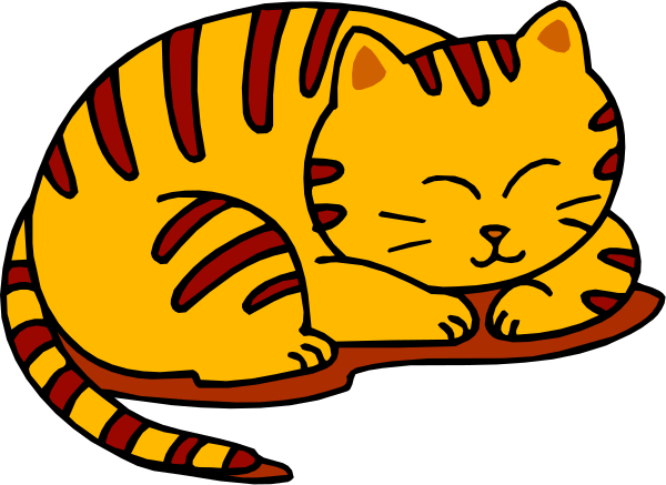 The image shows a cartoon of an orange tabby cat with stripes on its tail lying down next to what appears to be a small red booklet.