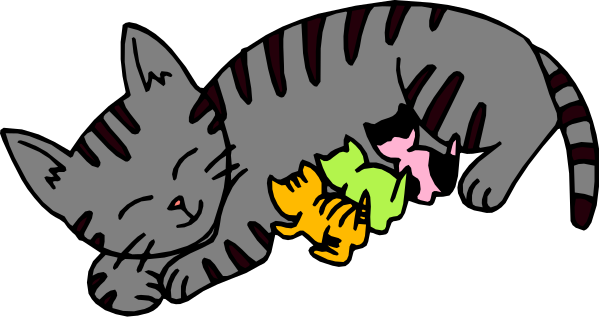 The image shows a gray cat lying down with its head resting on two paws while holding three small toys between them; it appears to be in an indoor environment as suggested by the carpeted flooring visible beneath the feline and its playthings.