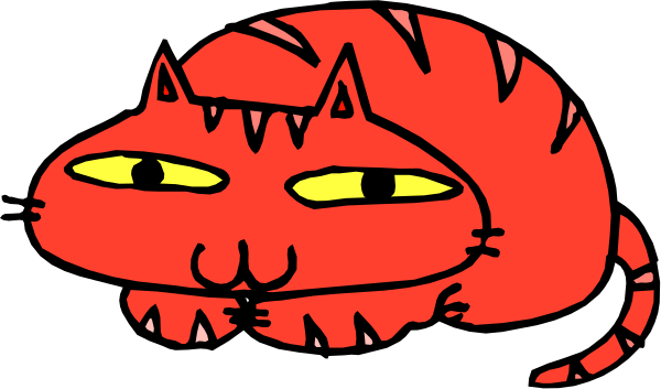 The image shows a cartoon of an orange cat with exaggerated features such as large eyes and ears, sitting on what appears to be a black surface against a white background.