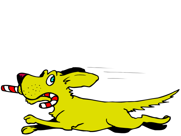 The image shows a cartoon of an animated dog with its tongue out running through what appears to be water at nighttime under a dark sky.