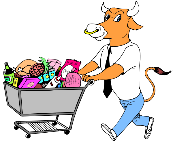 The cartoon depicts a man pushing an overflowing shopping trolley filled with various items such as food products like carrots and broccoli, along with other household supplies including toilet paper rolls and bottles of what appears to be soda drinks.