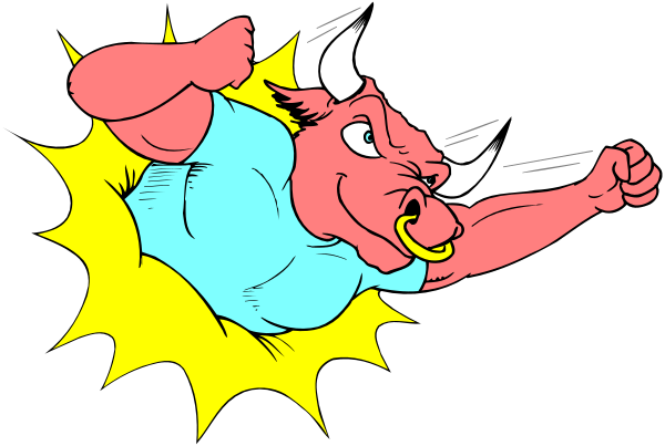 The image shows a cartoon of an animated red bull with horns charging forward towards its right side while making contact with what appears to be a blue object on the left that resembles a shield-like structure, and there is no text present in this clip art illustration.