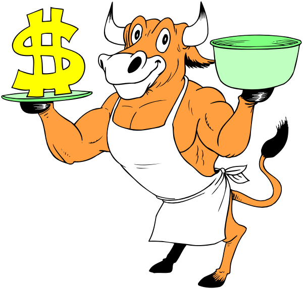 The cartoon shows a muscular man dressed as an orange cowboy with horns holding three plates of food on his back while standing in front of money signs that say "$10" each.