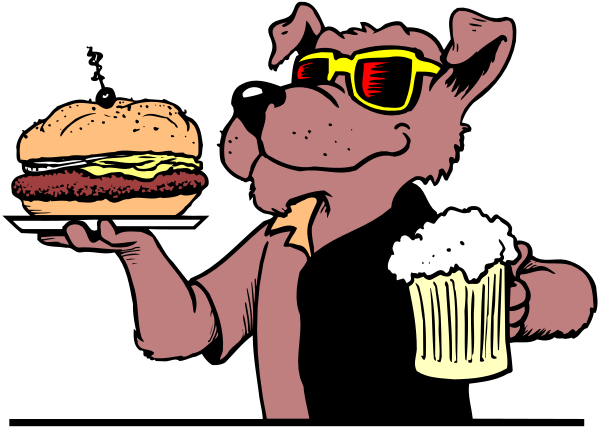 The cartoon shows a dog holding three burgers with cheese on top of them while wearing sunglasses; it is standing in front of two plates containing sandwiches and beer bottles respectively.