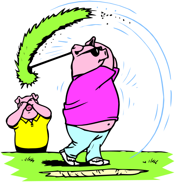 The cartoon shows a man throwing an object with his right hand while standing on grass; another character is watching from behind him in front of trees under what appears to be clear skies during daylight hours.