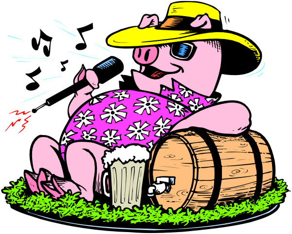The cartoon depicts a pig wearing sunglasses sitting on top of an open barrel with grass around it while holding what appears to be beer in its paws; there's also another smaller pig peeking out from inside the barrel, and both have straw hats adorned with flowers.