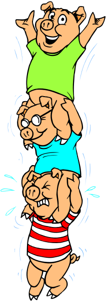 The cartoon shows a group of three pigs standing on each other's backs to reach for something above them; there is no text present in this image.