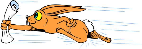The cartoon depicts a cat with an exaggeratedly long tail running at high speed while holding onto something that looks like a piece of paper in its mouth.