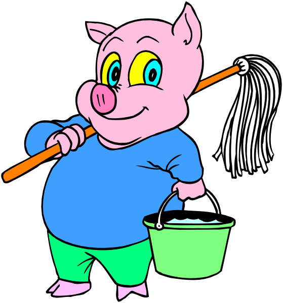 The cartoon depicts a pink pig character holding a broom with its right hand while standing next to an open umbrella in what appears to be rainy weather; it is wearing blue pants and has yellow eyes, giving off a cheerful demeanor despite being caught outdoors during the inclement conditions.