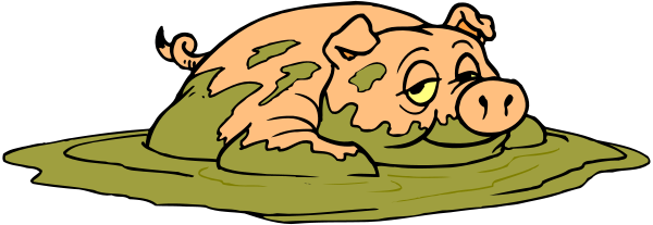 The cartoon shows a pig lying on its back with mud covering it; there is no text present within this small clip-art image.