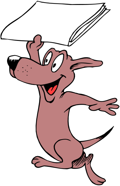 The cartoon shows a dog holding an open book with its paws while standing on two legs against a black background; it has a surprised expression as if caught off guard by something unexpected in front of it.