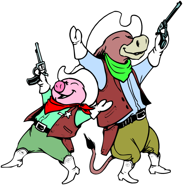 The cartoon features two anthropomorphic characters dressed as cowboys with guns holstered at their sides; a pig character is in front of them wearing sunglasses and holding up its paw to wave, while another animal resembling an armadillo stands behind it waving back.