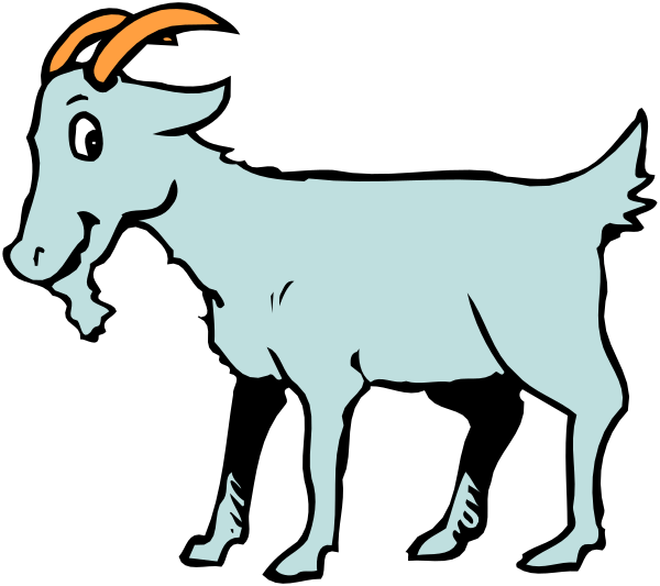 The image shows a cartoon of an animated goat standing on two legs with horns atop its head, wearing what appears to be human-like clothing including shorts and shoes; it is holding something in one hand that looks like food for consumption by humans or animals.