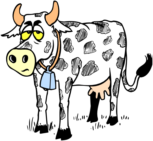 The cartoon shows a cow with horns standing on two legs against a black background; it has spots like those of an actual cow but is anthropomorphized to stand upright in this image.