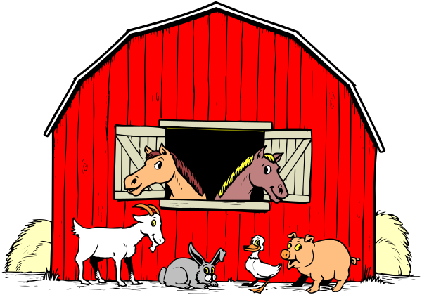 The image depicts a cartoon barn with three farm animals: two horses standing outside looking into an open window where there is one horse inside; in front of them stands a dog sitting on its hind legs as if it's guarding something, and to their right sits another animal that appears to be a pig.