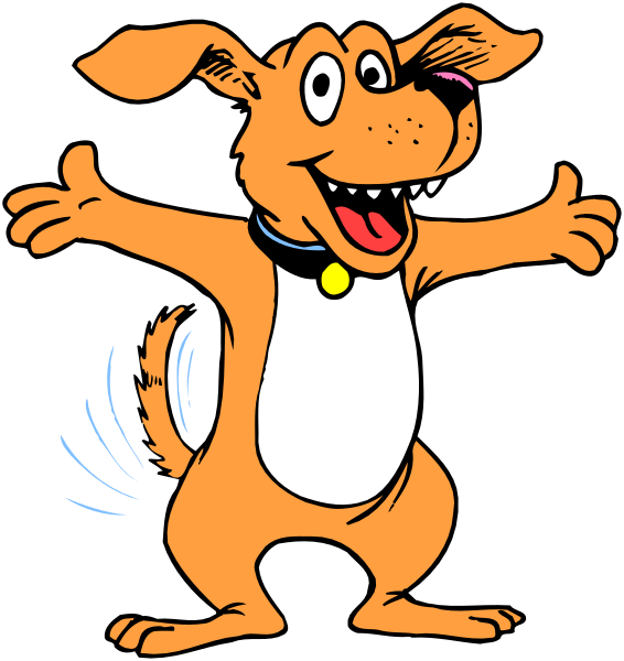 The cartoon shows a happy dog with its arms outstretched as if hugging someone on either side of it; there is no person in sight but only their hands visible at ends where the dog's limbs meet, suggesting that people might be holding onto them from both sides to create this illusion.