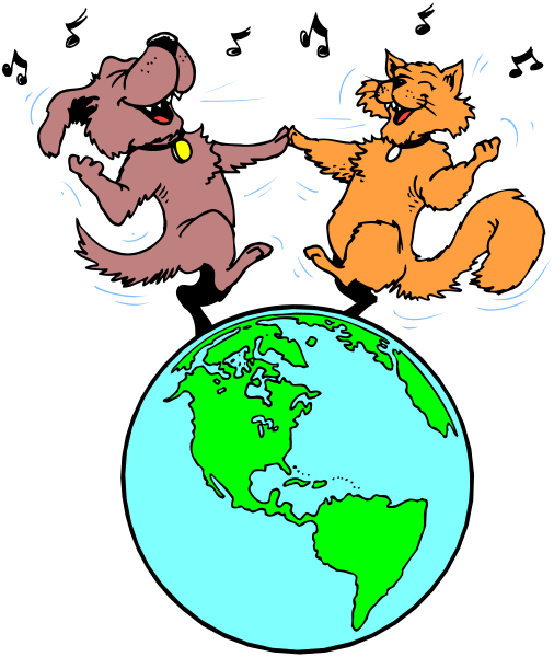 The cartoon shows two anthropomorphic dogs standing on a globe with their paws touching each other's backs while looking at one another; above them is an orange cat floating in space next to Earth, which has landmasses and water features visible from this perspective.