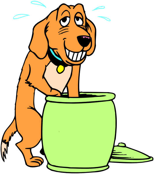 The cartoon shows a dog standing on its hind legs next to an overflowing bucket with water spilling out onto the floor; it appears surprised as if caught in some sort of mischief.