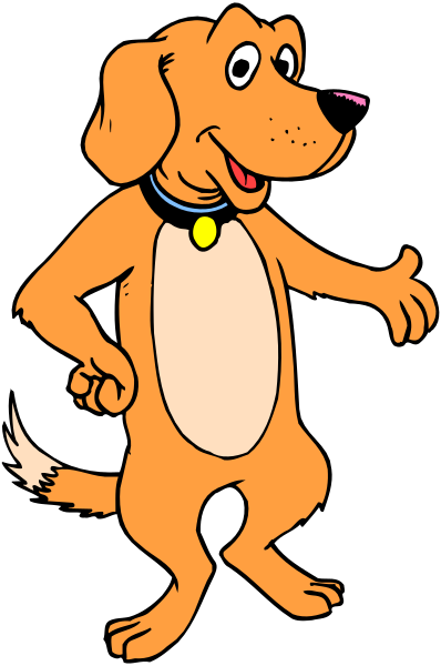 The cartoon shows a dog standing upright on its hind legs with front paws raised as if waving at someone. It is wearing an orange vest over what appears to be brown fur, has floppy ears and long tail, and wears a collar around its neck.