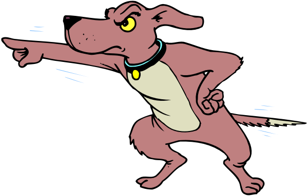 The cartoon shows a dog with an exaggeratedly large head pointing to its right while standing on two legs against a black background.