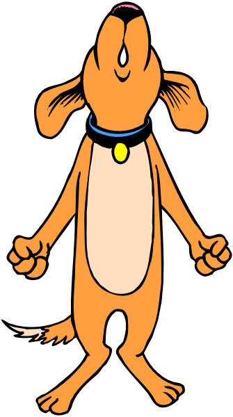 The cartoon shows a dog with its mouth open wide as if it's speaking to someone offscreen; there is no background detail provided in this image snippet.