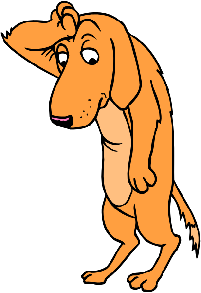 The image shows a cartoon dog with its paw on hip standing upright against a black background.