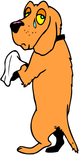 The cartoon shows a dog with an exaggerated sad expression holding its paw to its face while standing next to what appears to be a white towel on a rack in front of it.