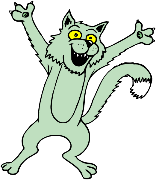 The image shows a cartoon cat with an exaggerated expression of surprise or shock standing on its hind legs against a black background.