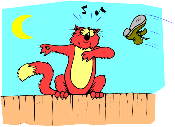 The cartoon shows a red cat standing on top of a wooden fence with its paw extended outward as if it's about to catch something in mid-air; there is also an animated character that appears to be throwing a small object towards the cat, and another figure nearby who seems surprised or shocked by this action. The background features a clear blue sky at dusk, suggesting either dawn or evening time.