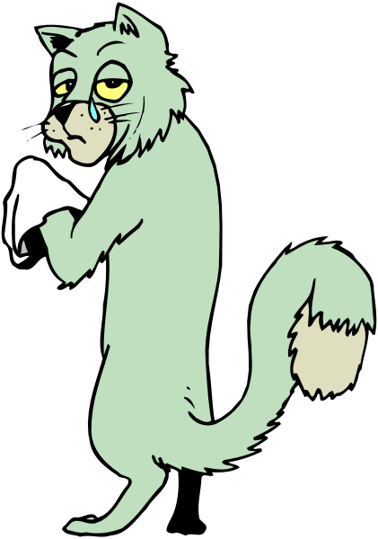 The cartoon depicts a cat with an exaggeratedly sad expression holding its paw to its face while standing on two legs in front of what appears to be a wall-mounted toilet paper dispenser, which is empty and has been scribbled over by someone who drew the image.