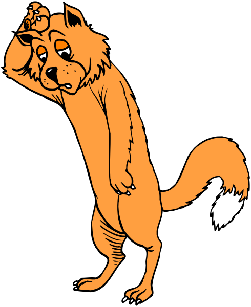 The cartoon depicts an anthropomorphic orange cat with a surprised expression looking upwards while standing on two legs against a black background.