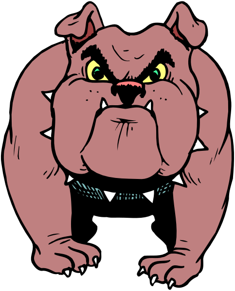The image shows a cartoon bulldog with an angry expression standing on its hind legs against a black background.