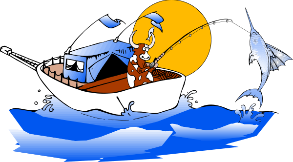 The image shows a cartoon of an animated boat with two fish swimming around it on calm water under a blue sky at sunset; there is also one person visible inside the boat who appears to be fishing from its bow, and another character standing in front of the boat holding what looks like a net.