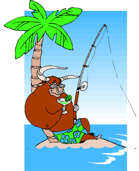 The cartoon depicts a large brown cow with horns riding on top of an ocean wave while holding fishing gear; it is wearing sunglasses over its eyes and has fins attached to its back for propulsion, all set against a tropical beach background featuring palm trees and blue sky.