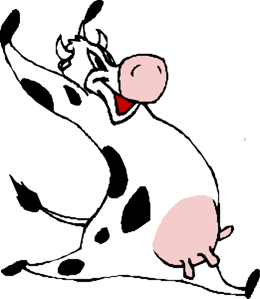 The cartoon depicts a cow with its tongue sticking out playfully while standing on two legs against a black background.
