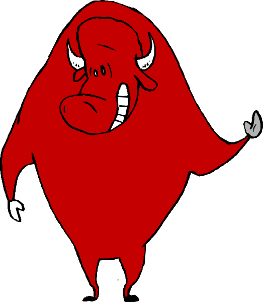 The image shows a red cartoon character with horns that resembles an animal standing upright on two legs against a black background.