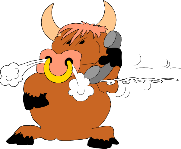The cartoon depicts a brown creature with horns holding an old phone to its ear while blowing smoke from another end of it.