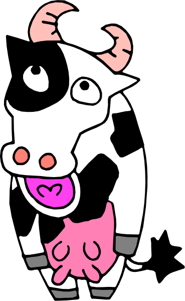 The image shows a cartoon cow with pink ears wearing an apron standing next to another smaller figure that appears to be humanoid but is stylized in a way similar to a doll; both figures have exaggerated facial features and expressions, suggesting this might be from a children's show or game.