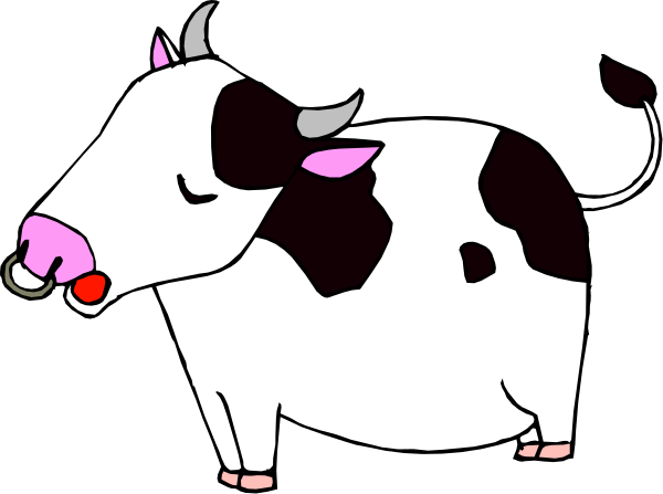 The cartoon shows a cow with two horns standing next to another smaller calf that is also pink inside its ears; both have white fur on their bodies except for black spots around their eyes.