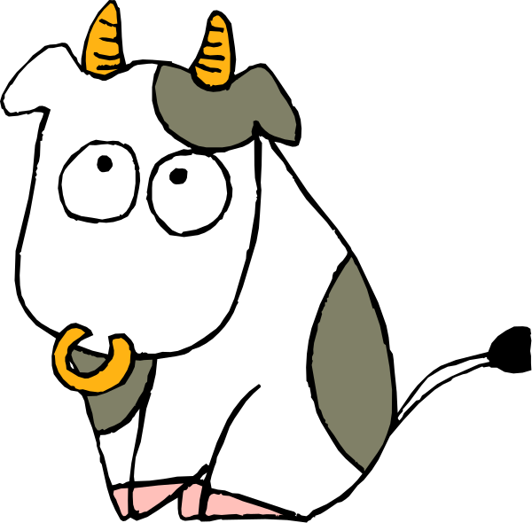 The image shows a cartoon of two cows: an adult cow with horns looking surprised on top left corner and a baby cow in pink diapers peeking out from behind it below right side.