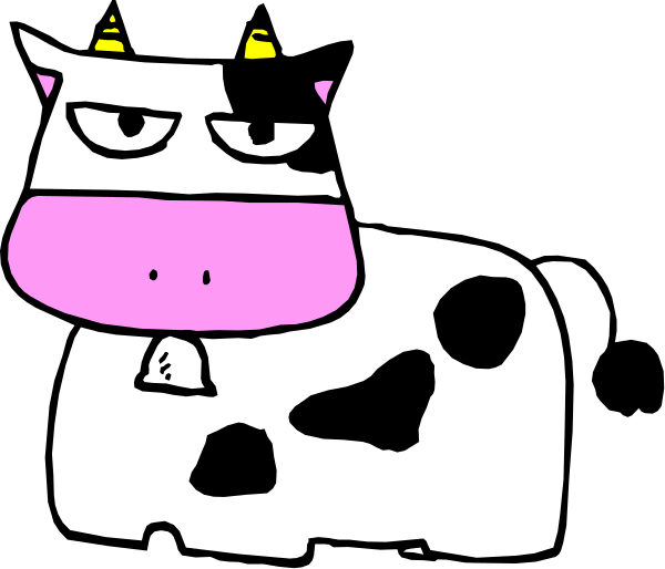 The image shows a cartoon of two cows standing next to each other with an exaggerated facial expression on their faces; one cow is pink while the other has black spots.