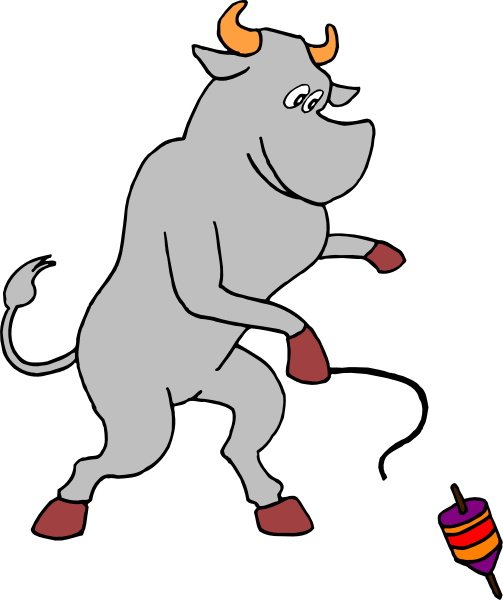 The image shows a cartoon cow with horns standing on two legs while holding an object that resembles a lollipop in its mouth; it is set against a black background.