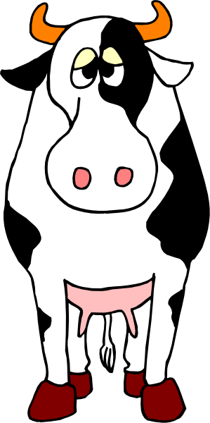The image shows a cartoon cow with red shoes standing next to another white cow that is sitting down; both cows have horns on their heads.