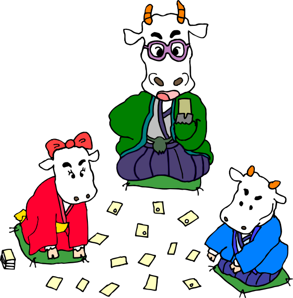 The cartoon depicts three anthropomorphic cows dressed as geisha girls sitting on a floor with playing cards scattered around them; one cow is holding two pieces of paper in its hands while another has an object that resembles chopsticks, and all wear traditional Japanese clothing including headbands.